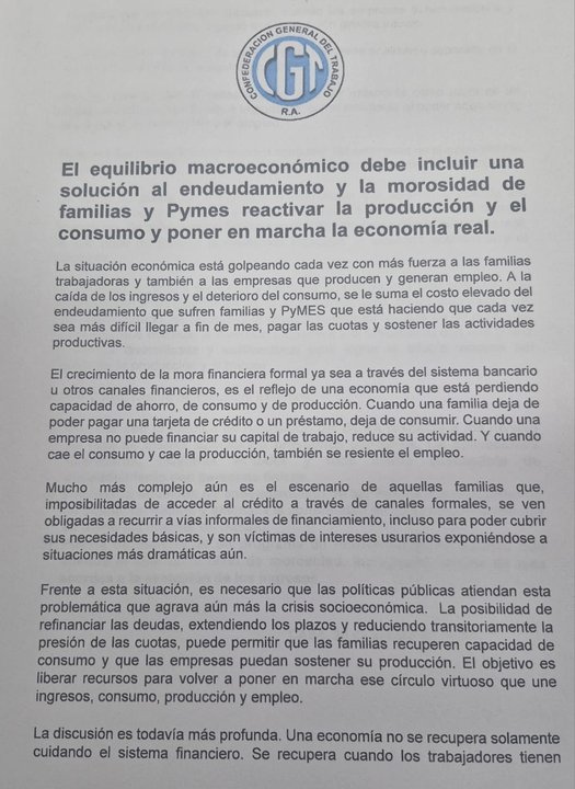 Qué dice el documento que la CGT entregó en el Ministerio de Economía