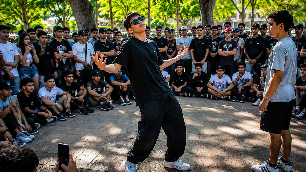 Jóvenes participando en una batalla de aura en una plaza pública