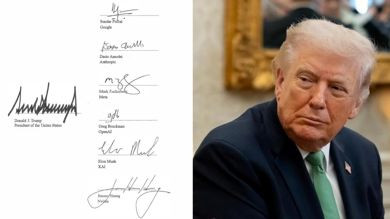 Donald Trump y líderes tecnológicos tras la firma del acuerdo sobre superinteligencia