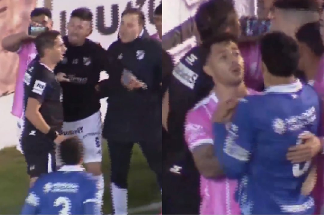 Jugadores de All Boys y Godoy Cruz reclaman al árbitro en el Islas Malvinas